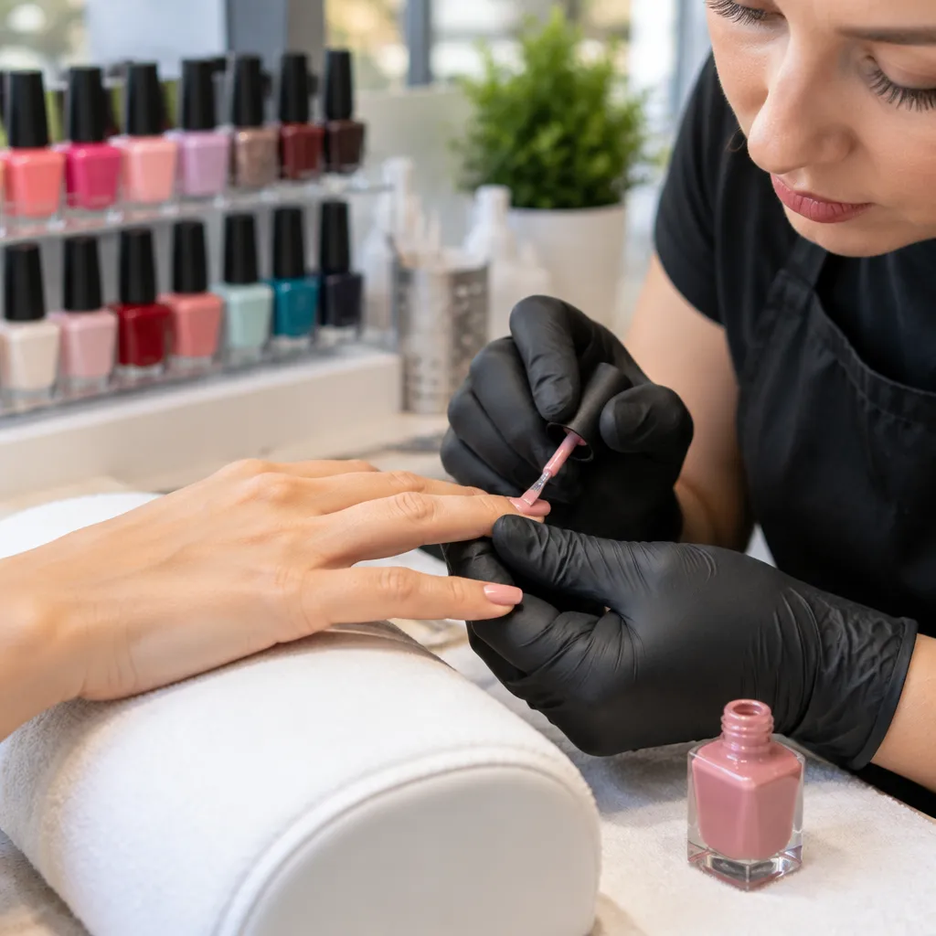 Technician performing a manicure with various nail polish colors