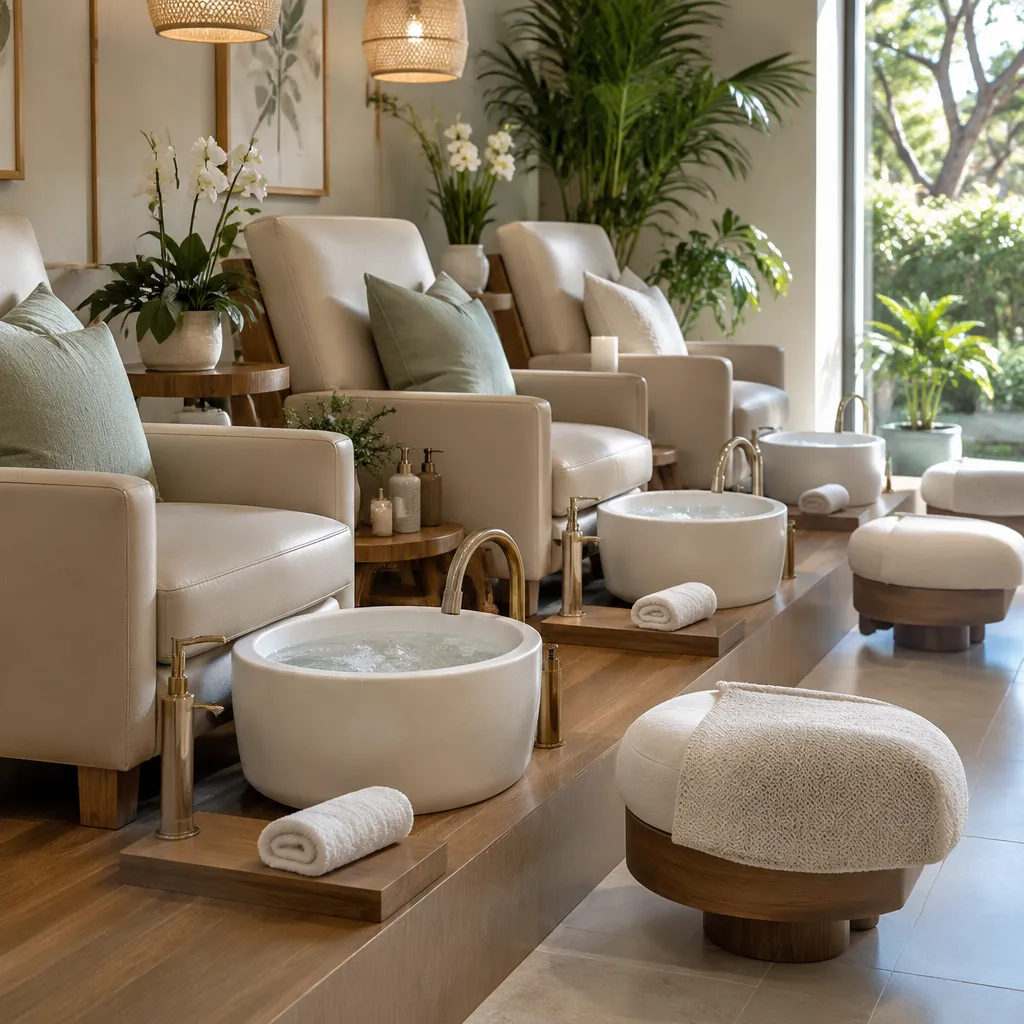 Spa-like pedicure station with foot baths and soothing decor
