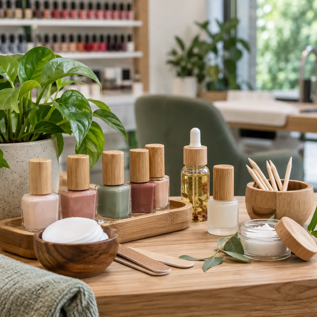 Eco-friendly nail products displayed in the salon