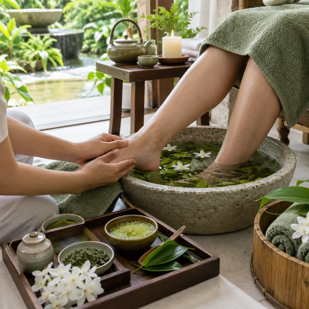 Green Tea Pedicure setup with herbal products and serene ambiance