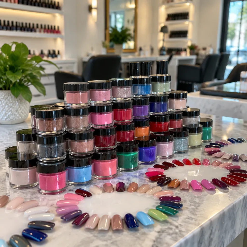 Variety of colorful dip powder nail products displayed at a nail salon.