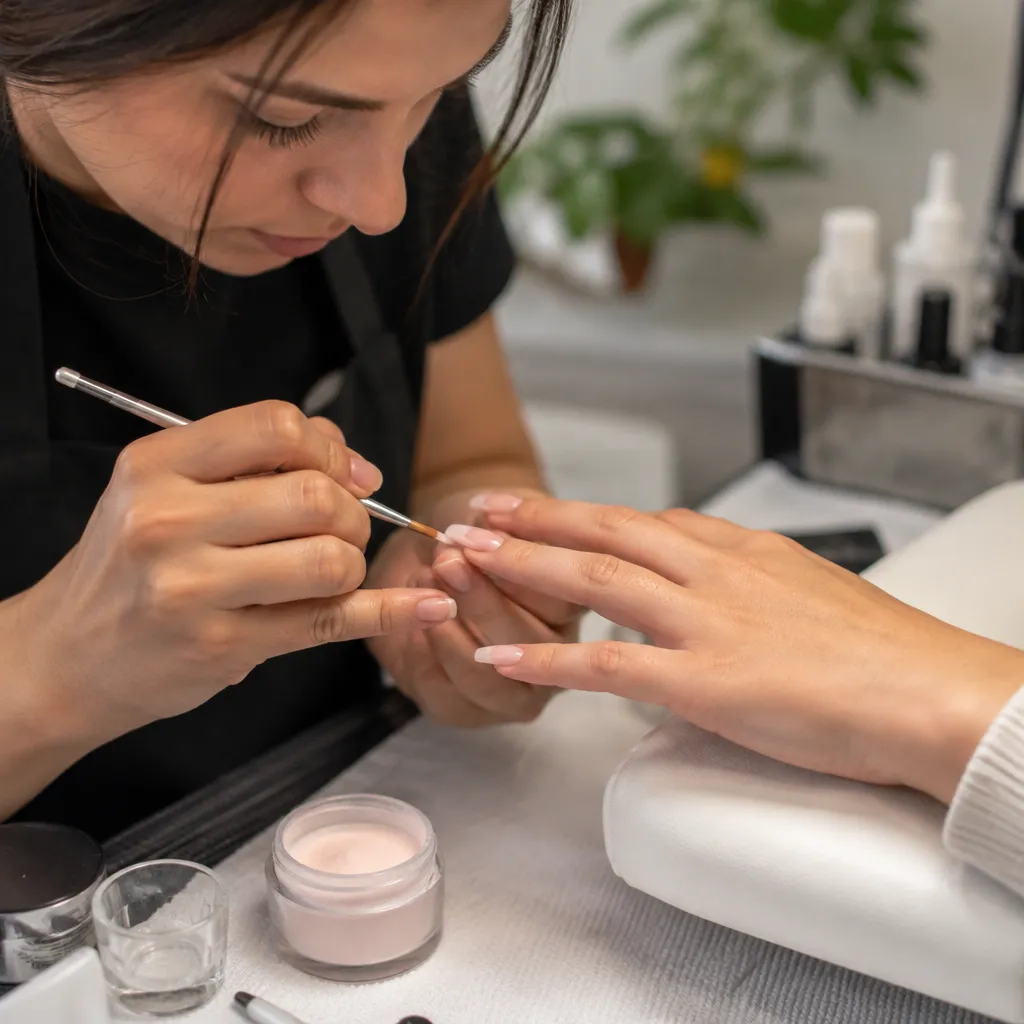 Technician skillfully applying acrylic nails on a client's hand in a serene salon environment.