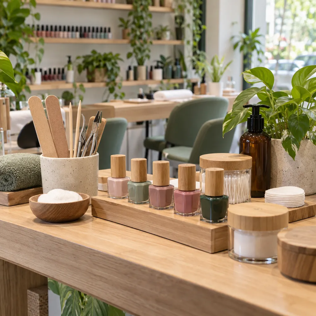 Eco-friendly nail products at Happiness Nails & Spa promoting healthy nail care.
