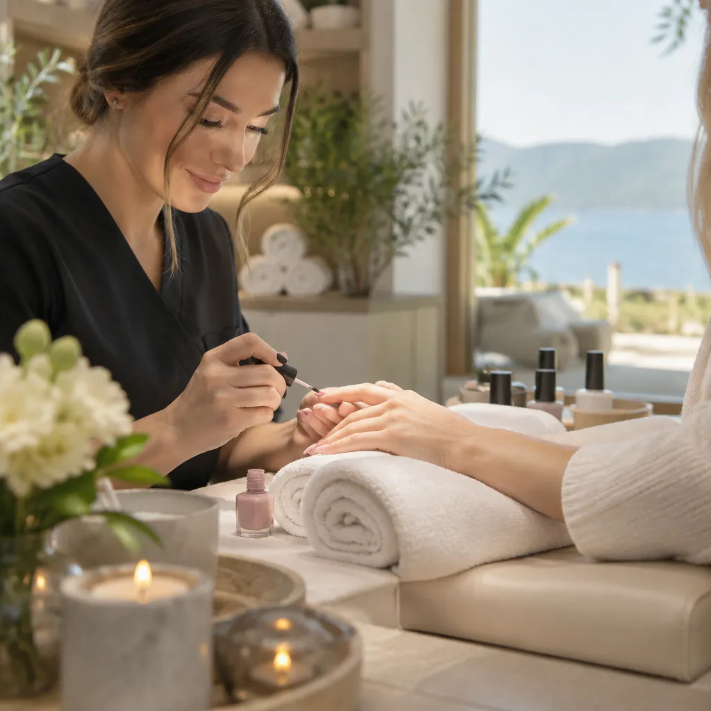 Nail technician applying gel polish in a relaxing spa setting.