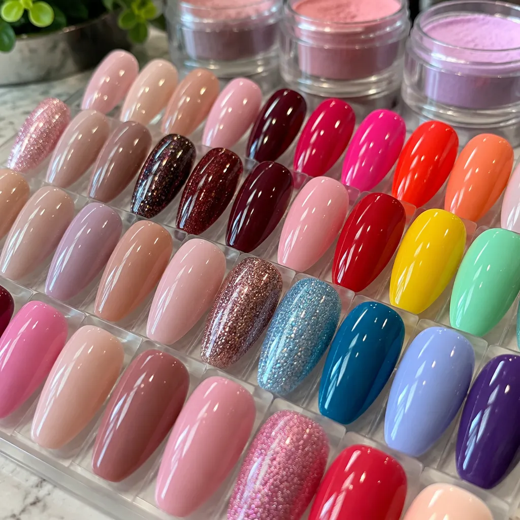 Colorful dip powder nails displayed at the nail spa.