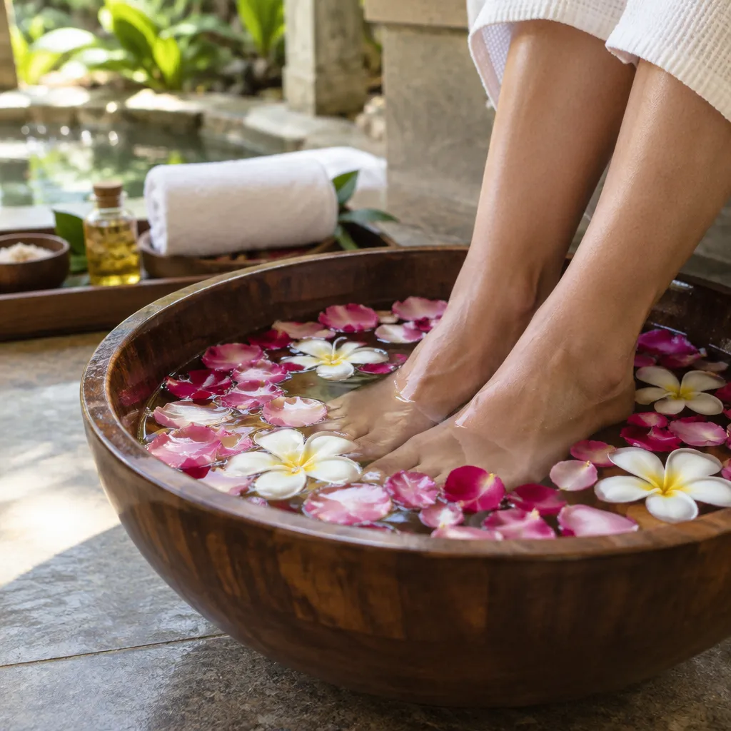 Luxurious foot soak with flower petals at the nail spa.