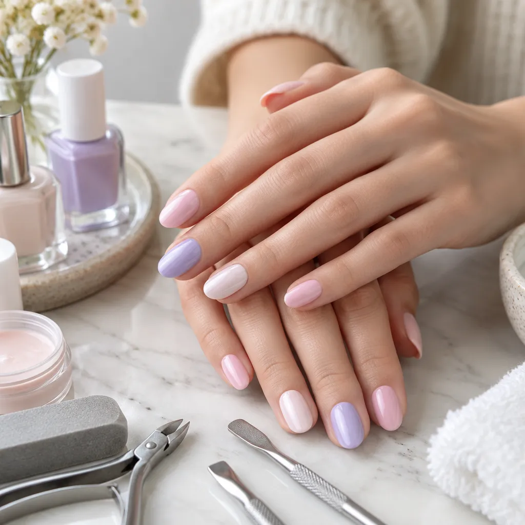 Close-up of a woman's hands displaying a pastel gel manicure, highlighting well-groomed nails and soft skin, with nail care tools in the background.
