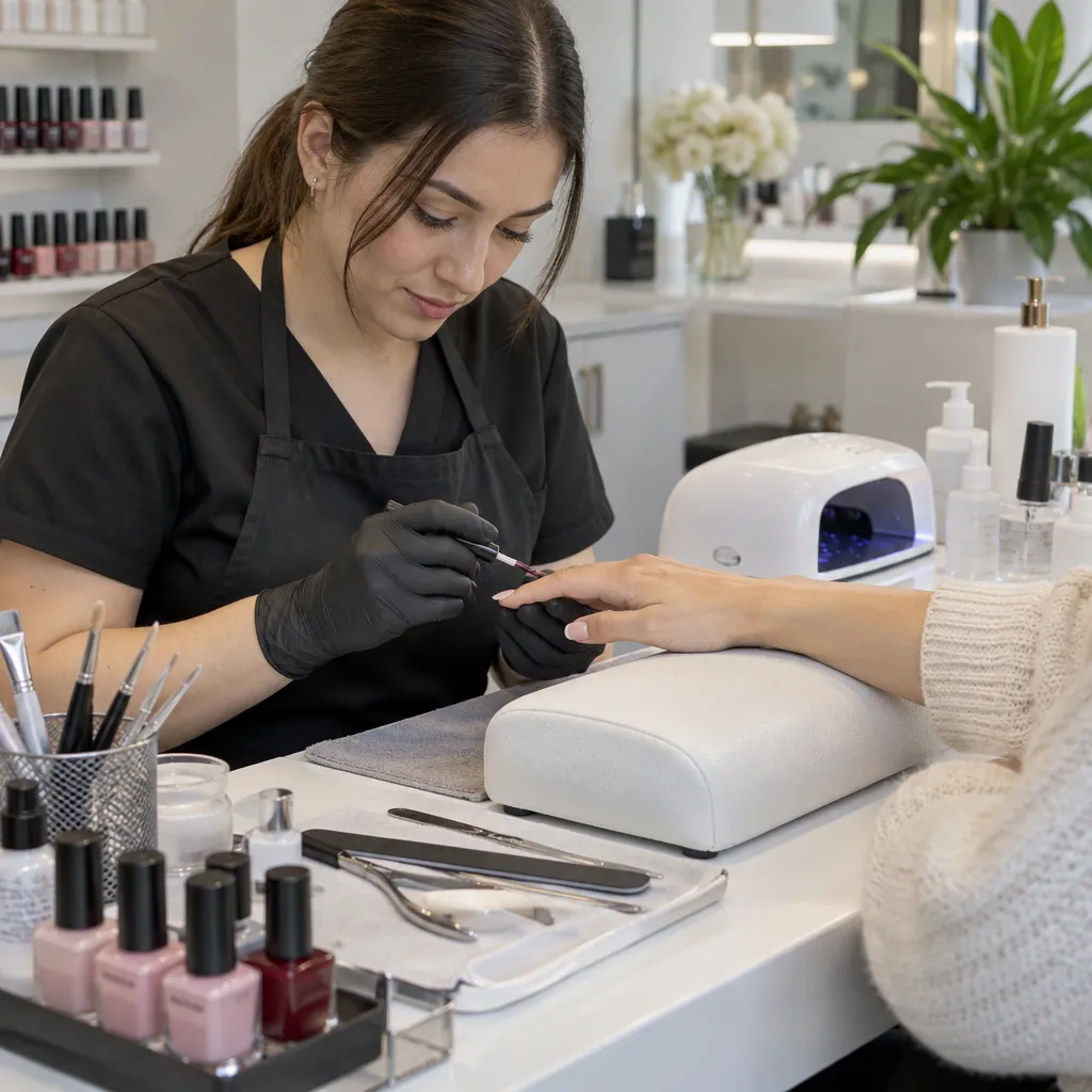 A nail technician meticulously performing a manicure on a client's hands, emphasizing professional tools and a tidy salon setting.