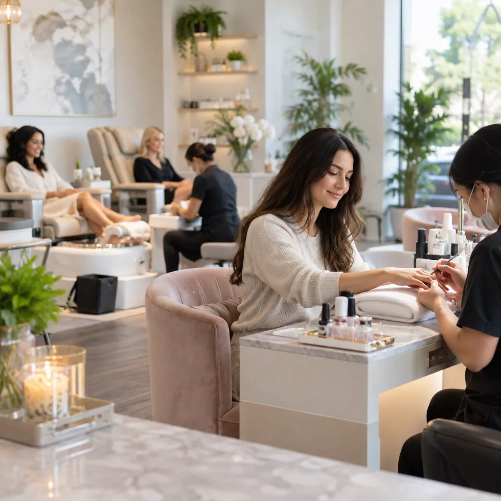 The serene interior of a nail salon with clients engaged in enjoyable manicure services, showcasing a welcoming atmosphere and professional care.