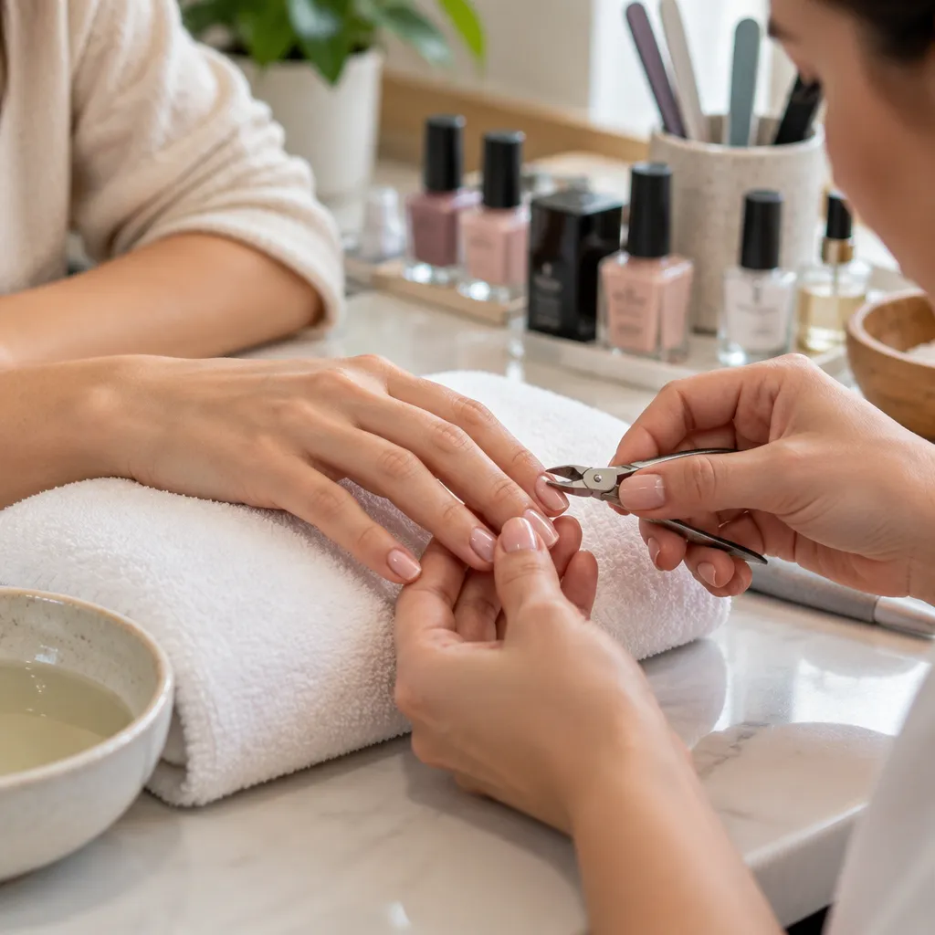 Technician performing a classic manicure at a nail salon