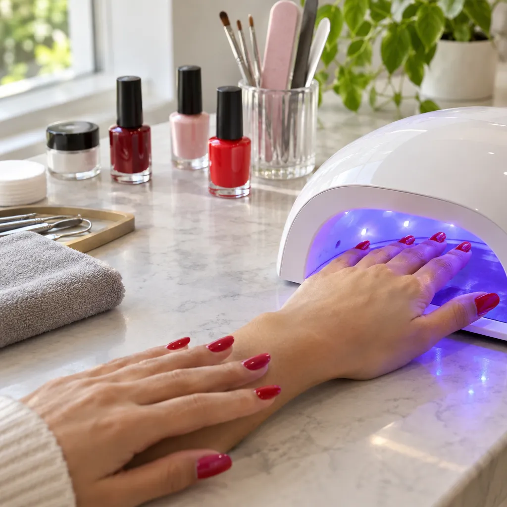 Gel manicure being cured under a UV light