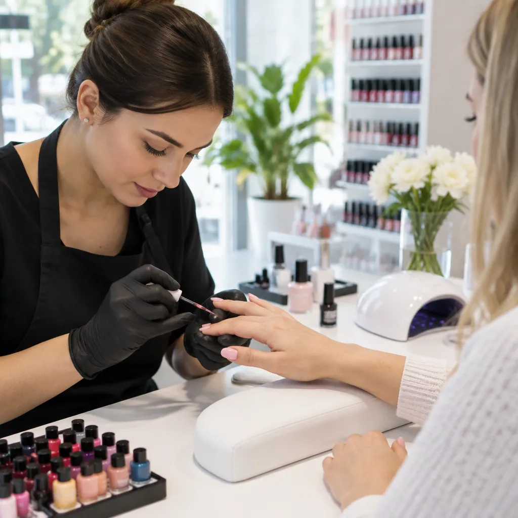 Nail technician applying gel nails in a modern salon setting.