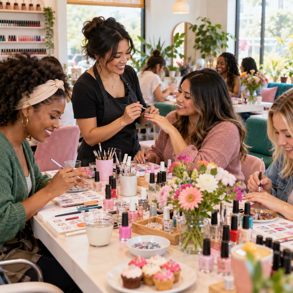 Community engagement event at a nail salon featuring clients in workshops.
