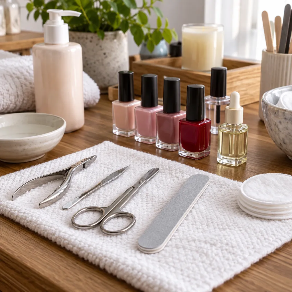 Classic manicure setup with tools and nail polish