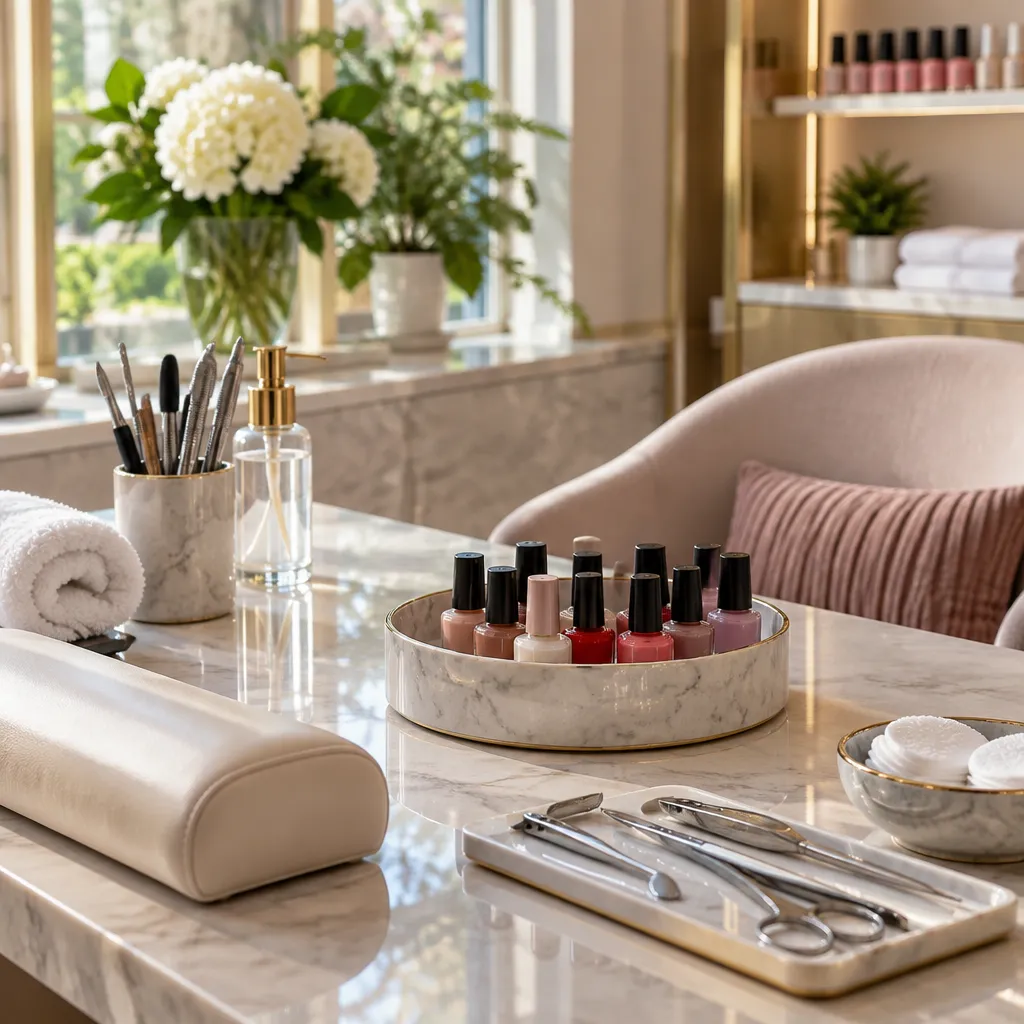 Manicure station in a nail salon with various nail polish colors and tools.