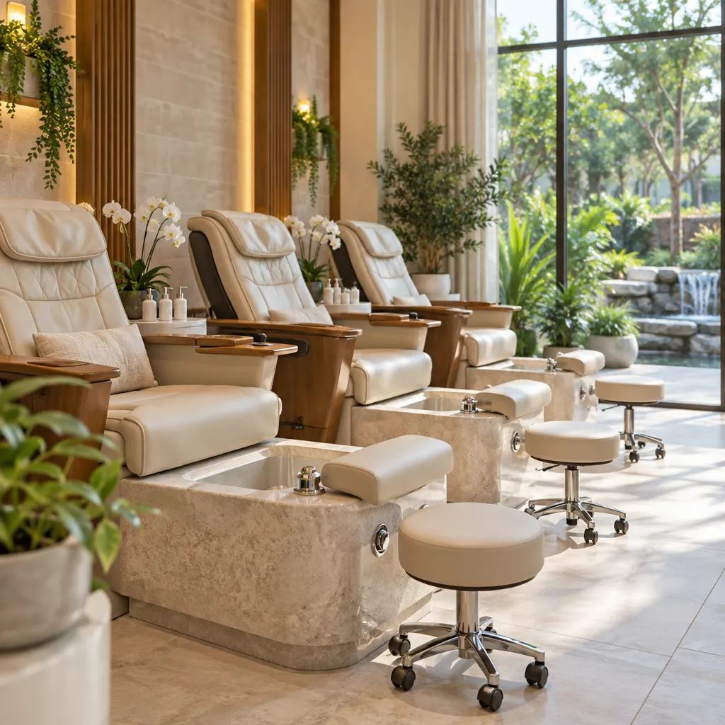 Pedicure area in a nail salon showcasing relaxing massage chairs.