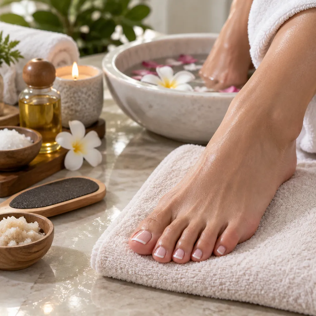 Close-up of a manicured foot in spa setting