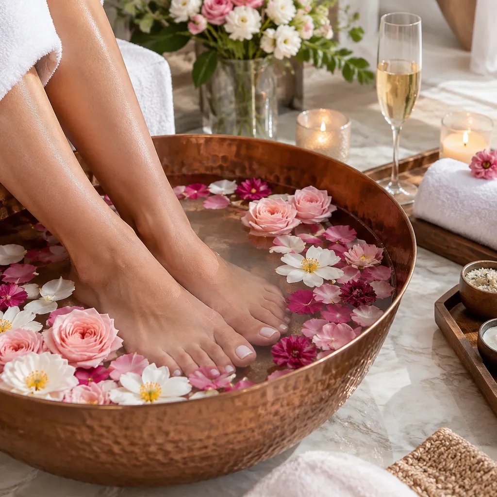 Feet soaking in a flower bath during a luxurious pedicure