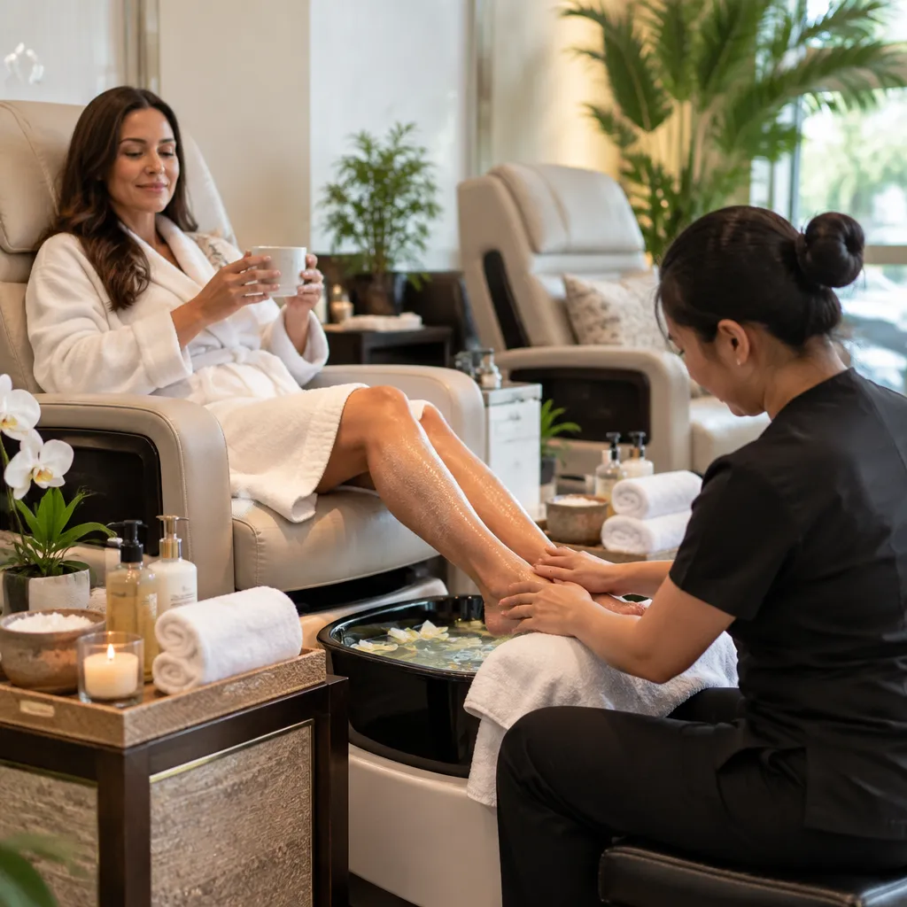Client enjoying a pedicure with soothing treatments at Amour Nails & Spa.