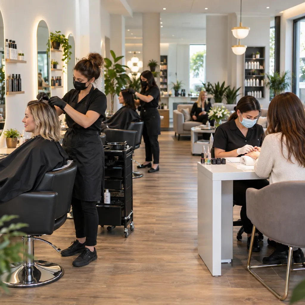Interior of Amour Nails & Spa with staff providing services to clients in a comfortable setting.