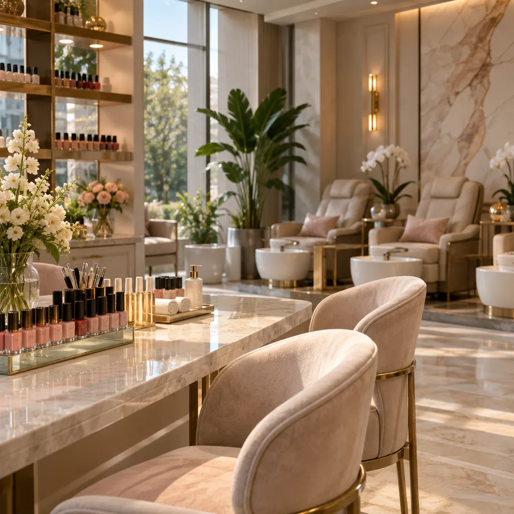Well-groomed feet displaying elegant nail polish in a chic salon setting.