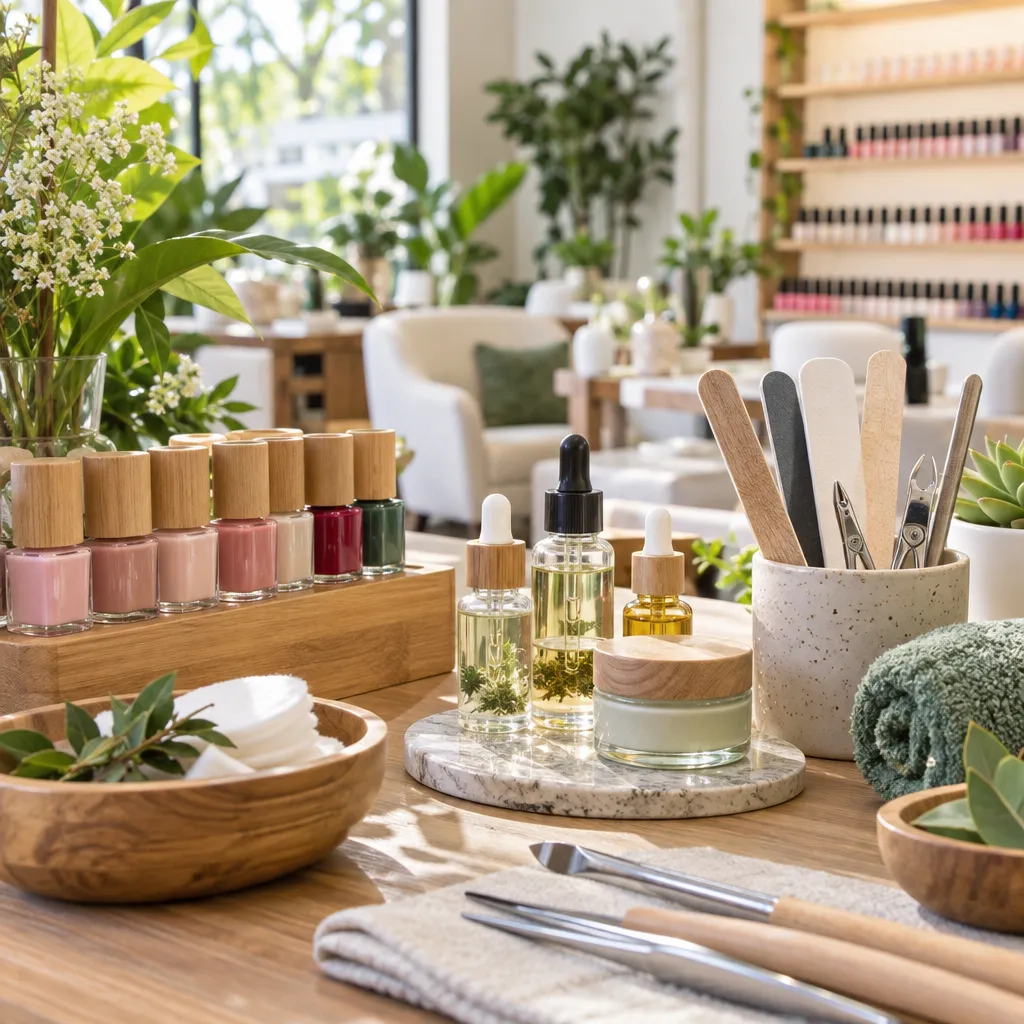 Display of deluxe pedicure products including scrubs and lotions indicative of a high-quality nail care service.