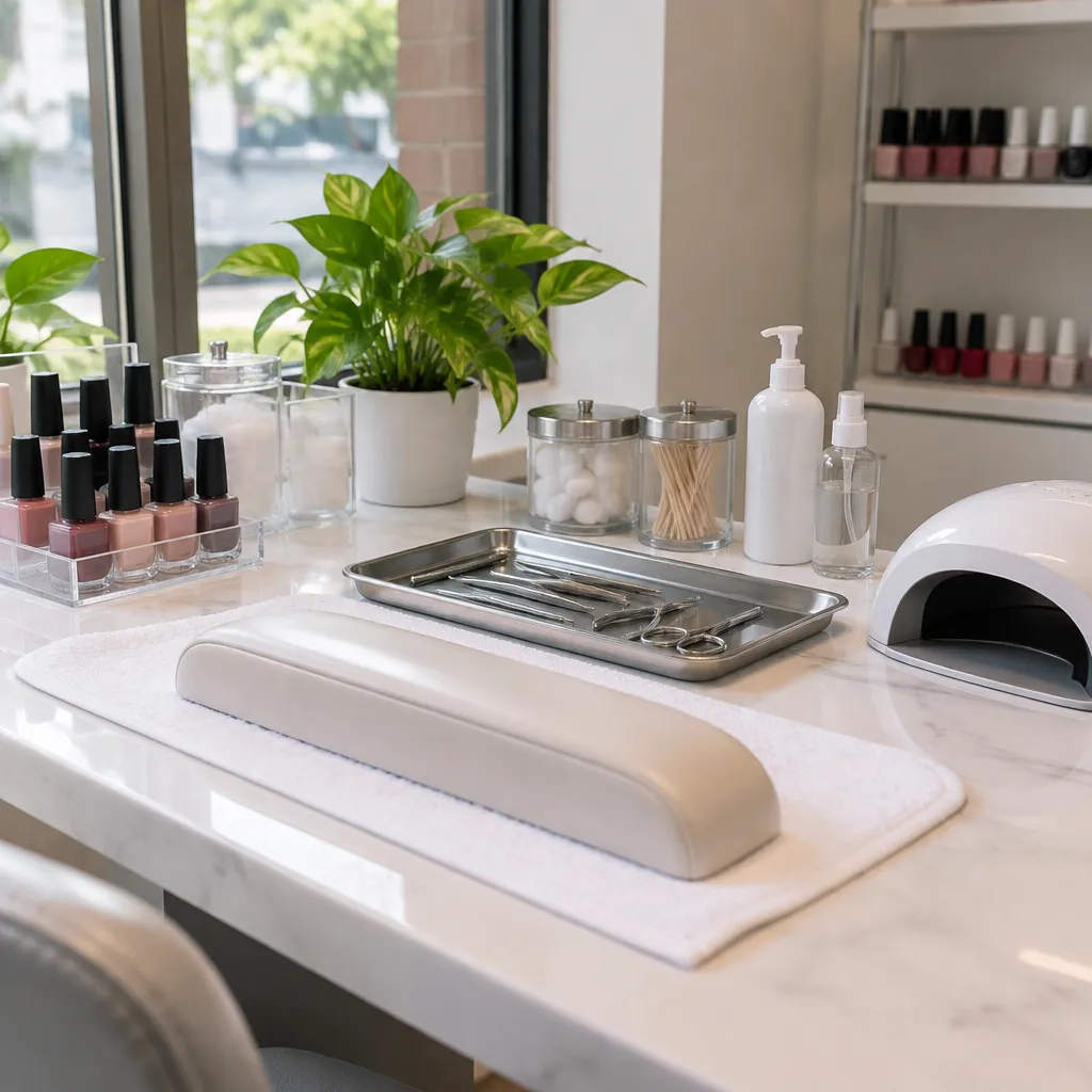Well-organized nail station with sterilized tools ready for nail services.