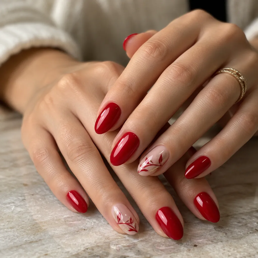 Close-up of beautifully manicured hands with classic red nails