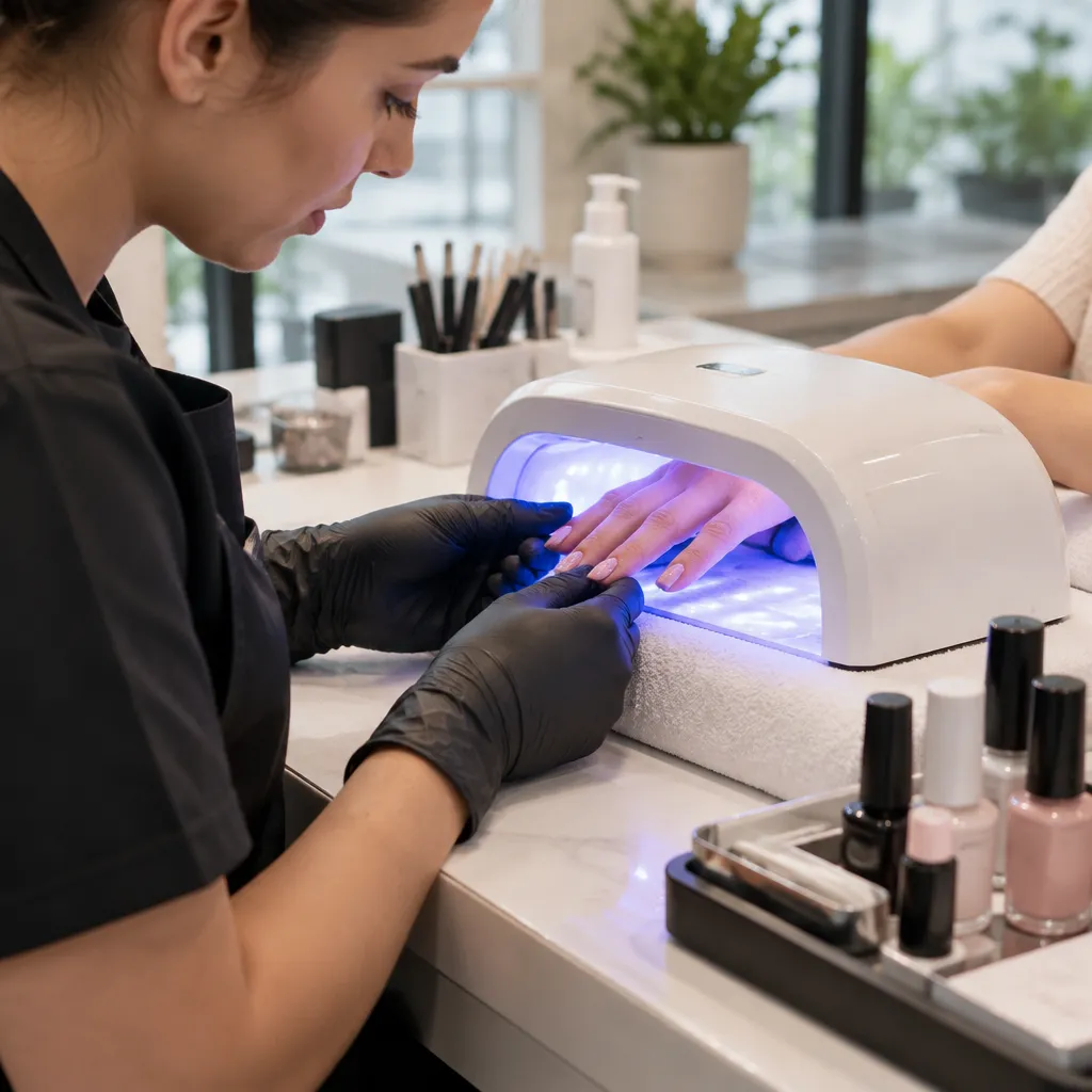 Technician performing a gel manicure under UV light