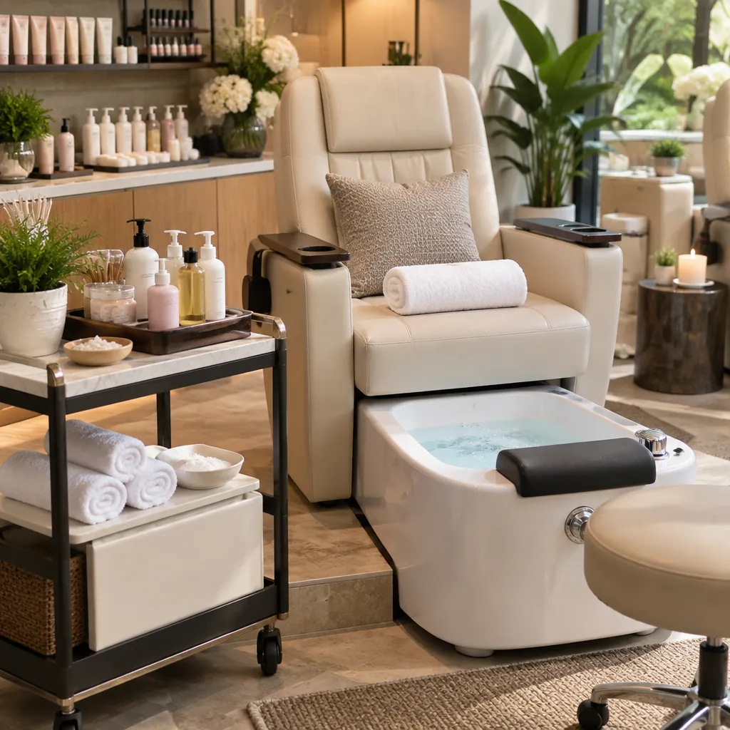 Inviting pedicure station with cosmetic products and foot bath, creating a relaxing environment.