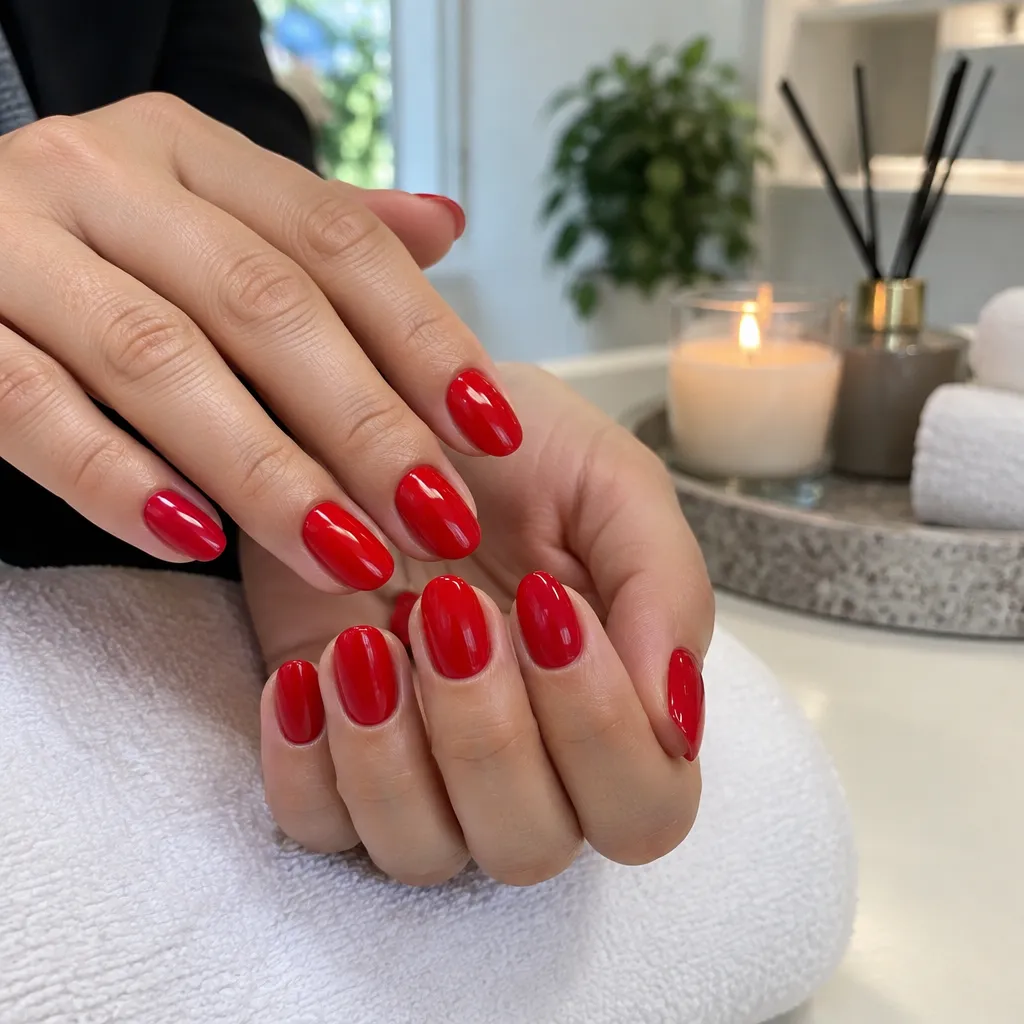 Close-up of a freshly manicured hand with bright gel polish.