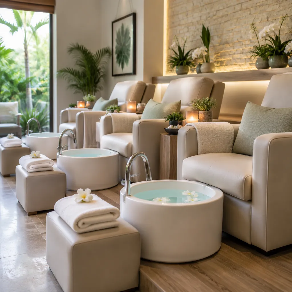 Spa pedicure station with warm colors and soft lighting.