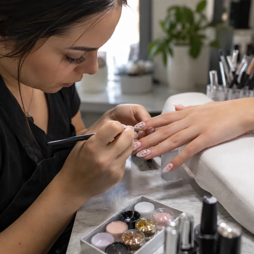 Nail technician applying beautiful nail art on a client.