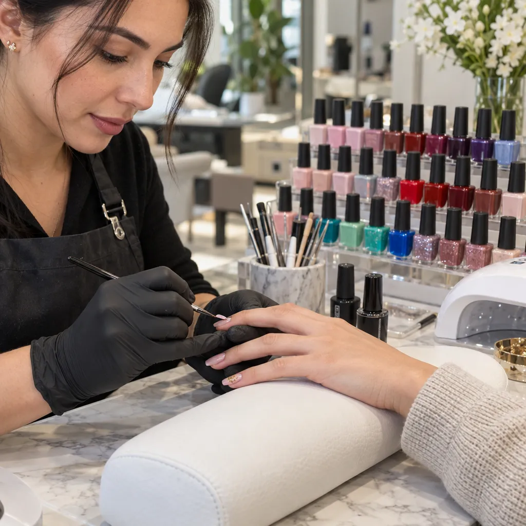 Nail polishes and tools in a modern nail salon.