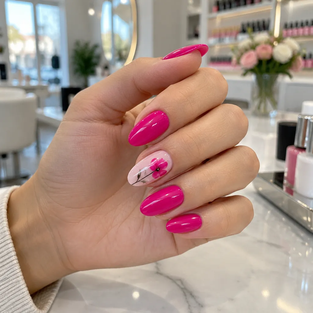 Colorful gel nail design on a manicured hand in a nail salon