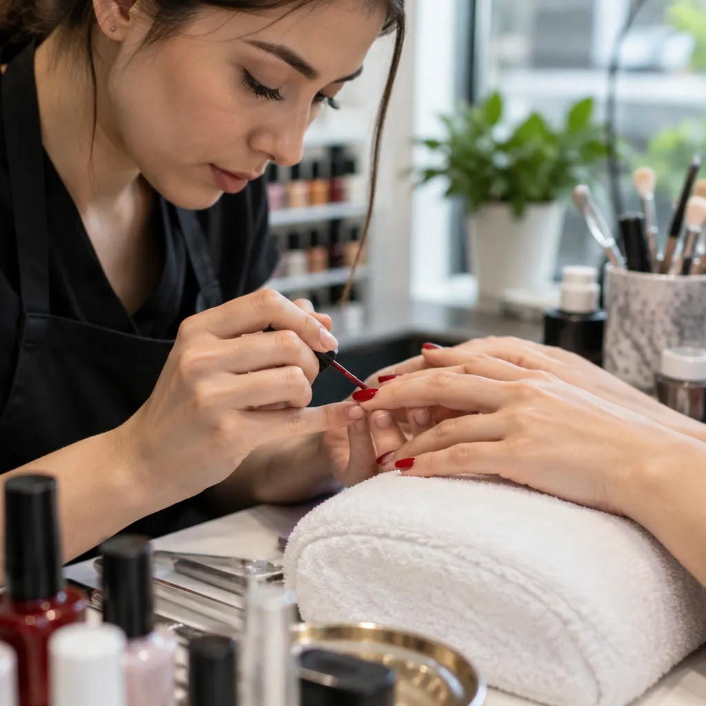 Nail technician painting a client's nails with care and precision