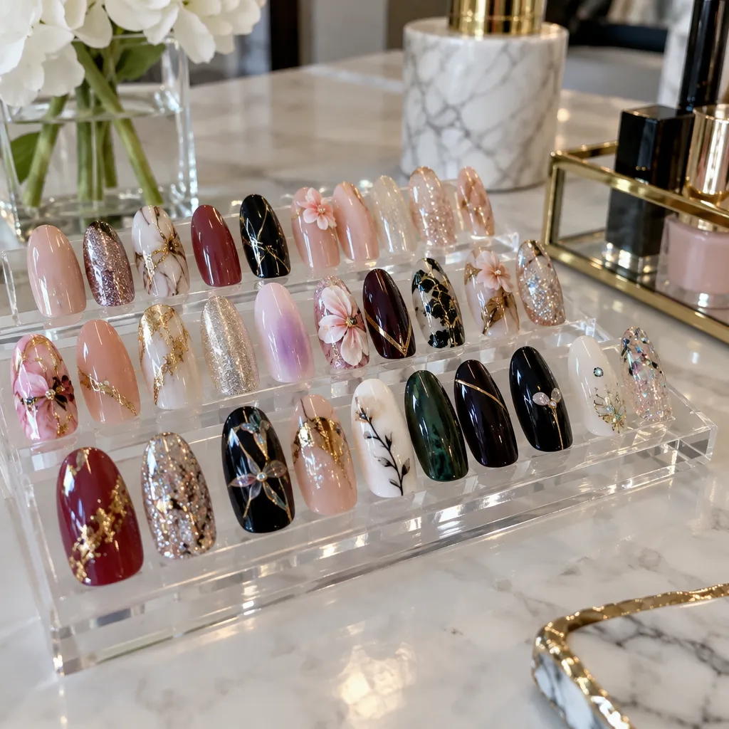 A colorful display of acrylic nails featuring intricate designs and various colors.