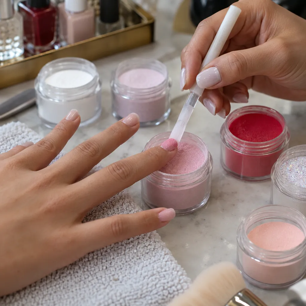 Close-up of dip powder nail application process and colorful powders used in the process.